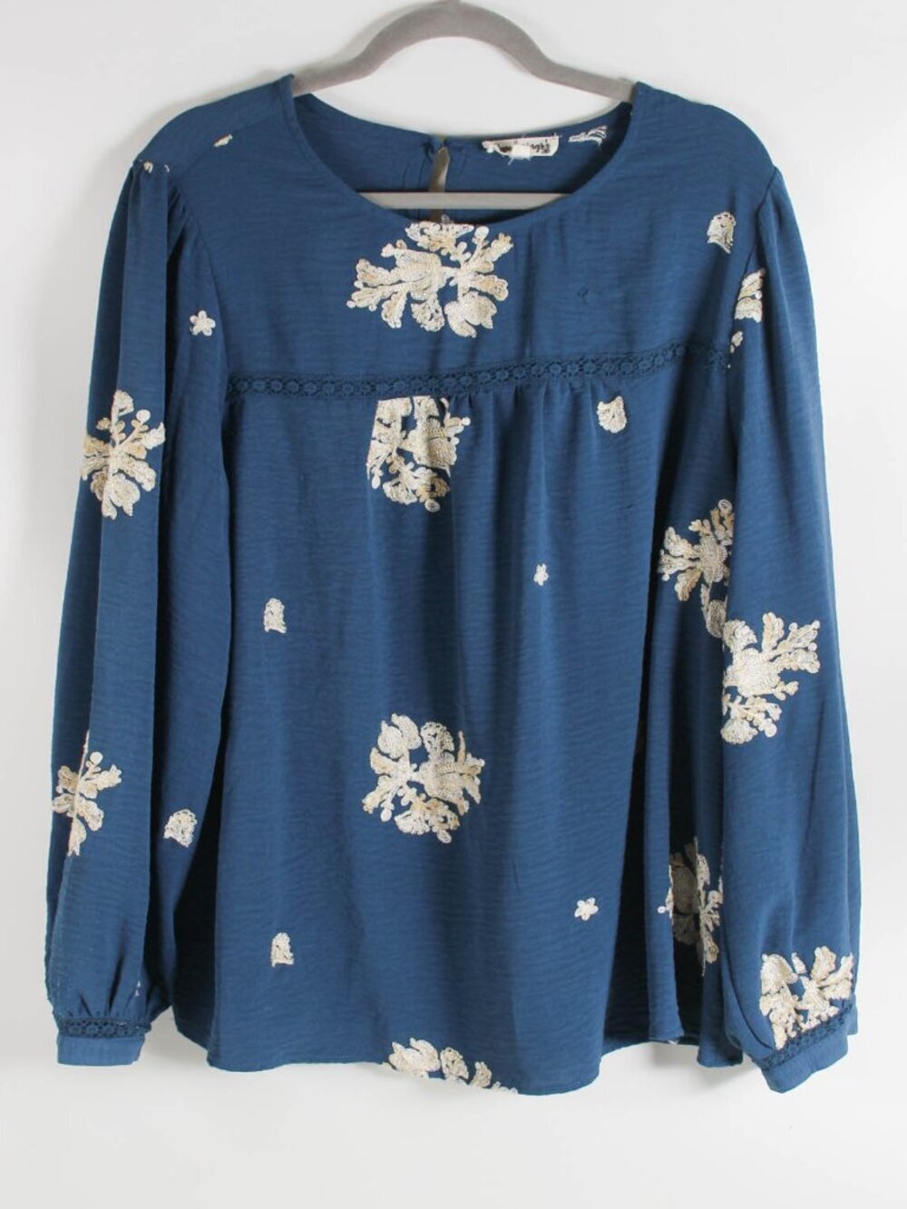 Hope Springs XL Blue Embroidered Floral Boho Peasant Blouse Long Sleeve Top
